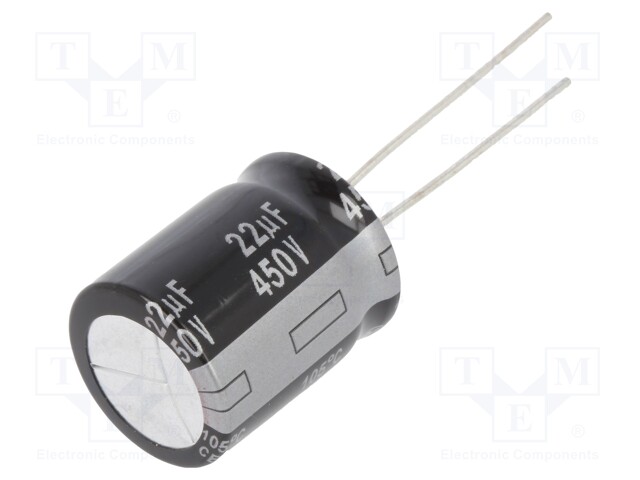 Capacitor: electrolytic; THT; 22uF; 450VDC; Ø16x20mm; Pitch: 7.5mm