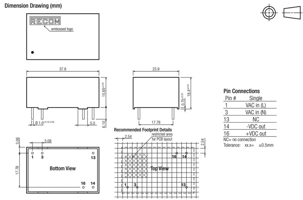 Converter: AC/DC; 4W; Uout: 9VDC; Iout: 444mA; 76%; Mounting: PCB