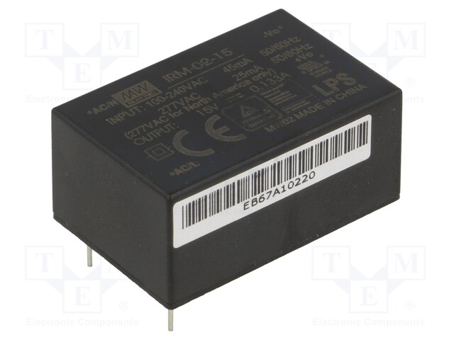 Power supply: switched-mode; modular; 2W; 15VDC; 33.7x22.2x15mm