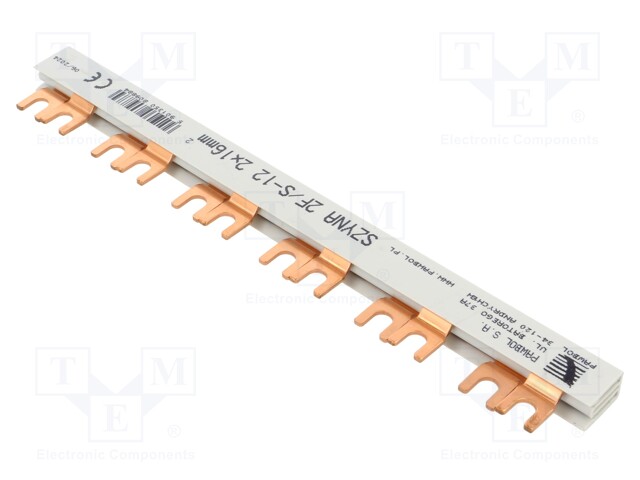 Busbar; 16mm2; Poles: 2; Urated: 400V; fork; Pitch: 18mm; L: 210mm; PVC