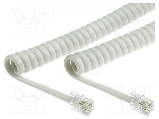 Cable: telephone; coiled,interlaced; RJ9 plug,both sides; ivory