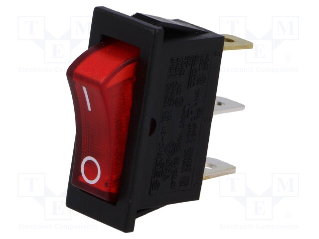 ROCKER; SPST; Pos: 2; OFF-ON; 10A/250VAC; red; neon lamp 250V; 50mΩ