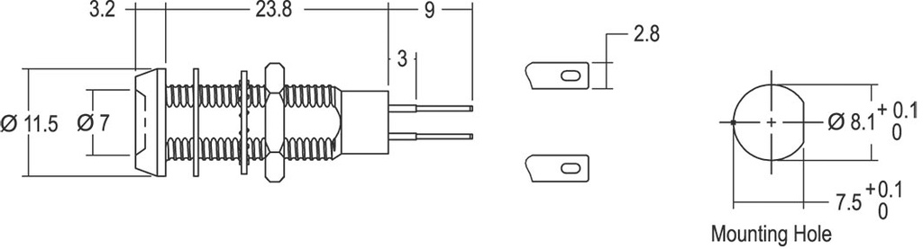 Indicator: LED; flat; 12VDC; Cutout: Ø8.1mm; IP67; ØLED: 7mm