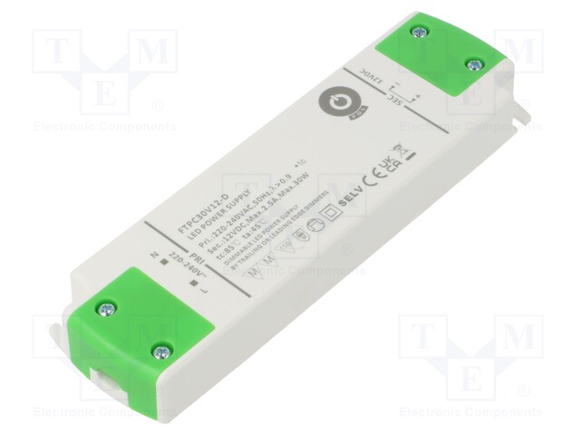 Power supply: switched-mode; LED; 30W; 12VDC; 2.5A; 180÷264VAC