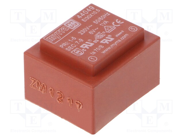 Transformer: encapsulated; 1VA; 230VAC; 6V; 167mA; Mounting: PCB