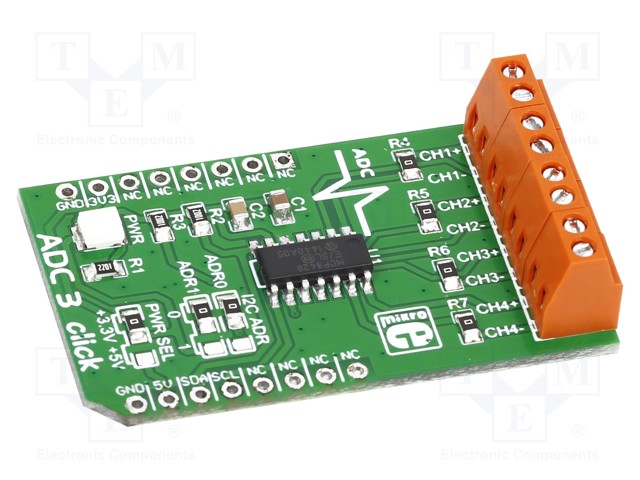 Click board; A/D converter; I2C; MCP3428; 3.3/5VDC