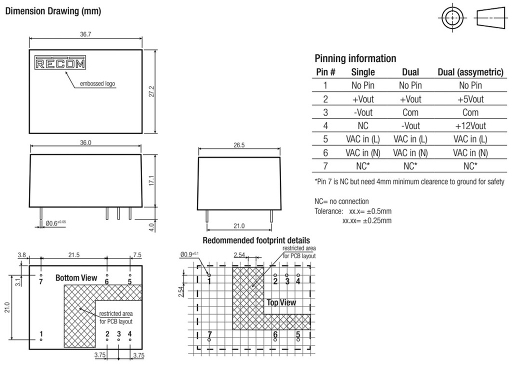 Converter: AC/DC; 4W; Uout: 5VDC; Iout: 800mA; 75%; Mounting: PCB