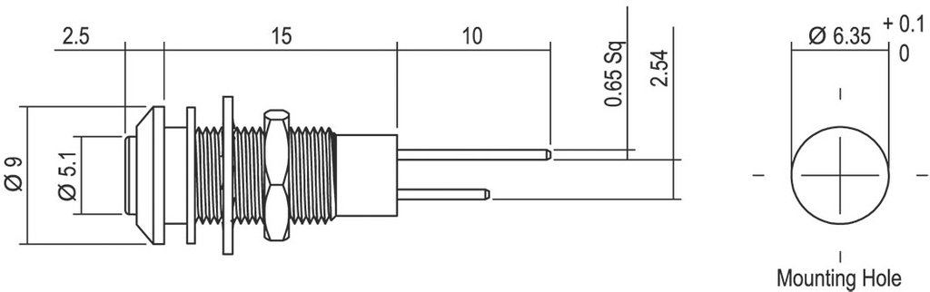 Indicator: LED; flat; 48VDC; Cutout: Ø6.35mm; IP67; 2pin; ØLED: 5.1mm