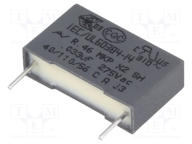 Capacitor: polypropylene; X2; 33nF; 15mm; ±20%; 18x5x11mm; 275VAC