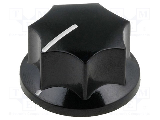 Knob; with pointer; bakelite; Shaft d: 6mm; Ø23.6x15.7mm; black