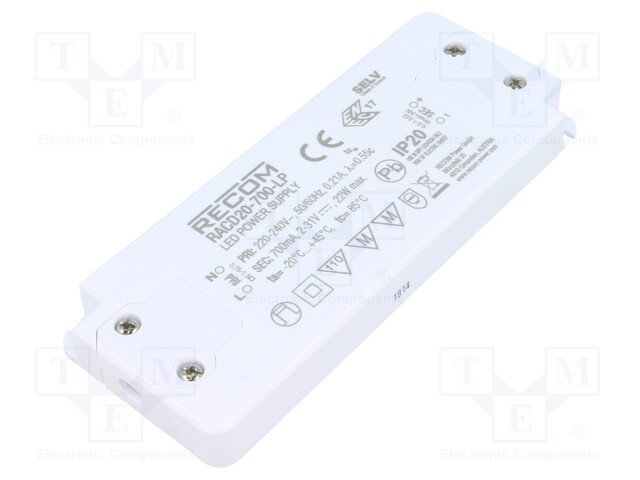 Power supply: switched-mode; LED; 20W; 2÷31VDC; 700mA; 198÷264VAC