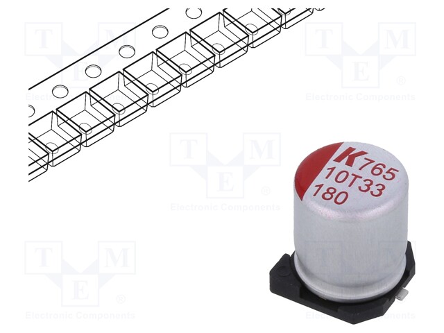 Polymer Aluminium Electrolytic Capacitor, 180 µF, 10 V, Radial Can - SMD, A765 Series, 0.02 ohm
