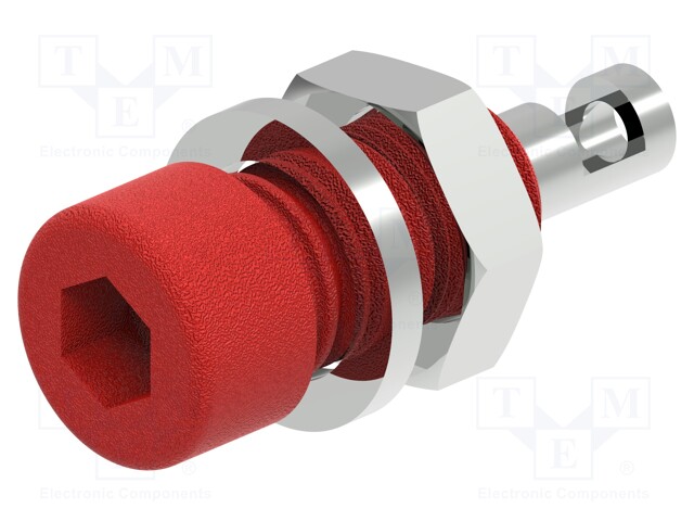 Socket; 2mm banana; 10A; 33VAC; 70VDC; red; on panel,screw