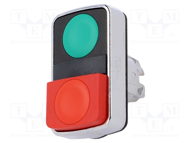 Switch: double; Stabl.pos: 1; 22mm; green/red; Illumin: none; IP66