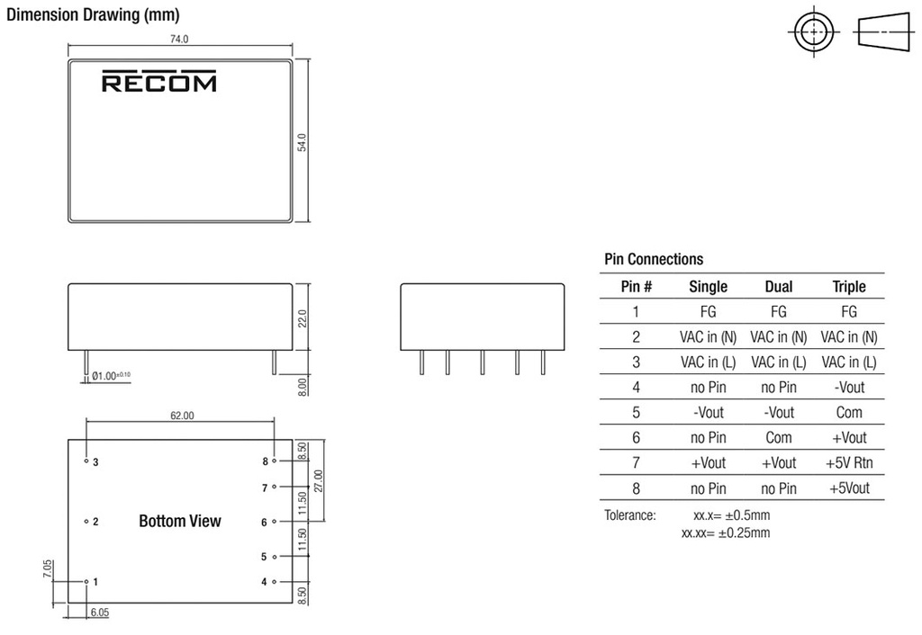 Converter: AC/DC; 15W; Uout: 12VDC; Iout: 650mA; 79%; Mounting: PCB