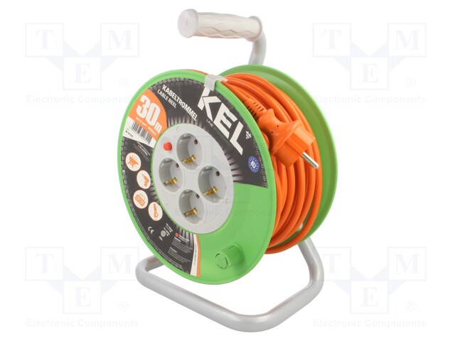 Extension lead; reel; Sockets: 4; PVC; orange; 3x1,5mm2; 30m; 16A