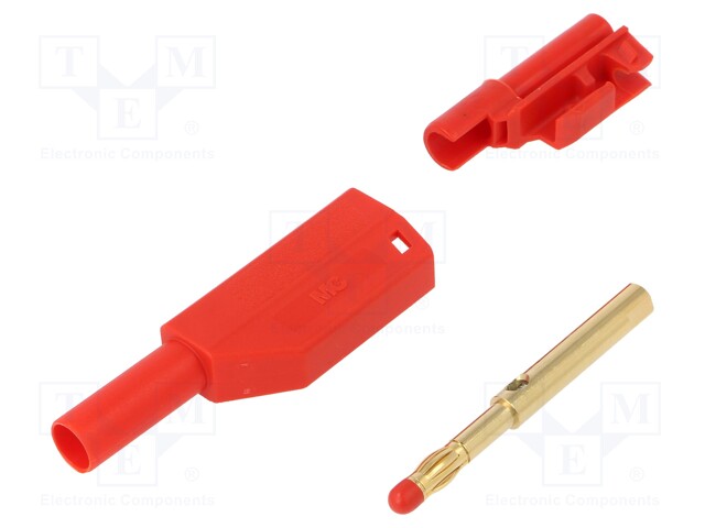 Plug; 4mm banana; 32A; 1kV; red; with 4mm axial socket; 2.5mm2