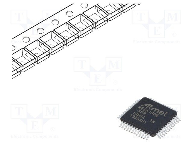 AVR microcontroller; EEPROM: 256B; SRAM: 2kB; Flash: 16kB; TQFP48