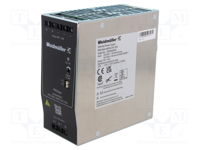 Power supply: switched-mode; for DIN rail; 480W; 24VDC; 20A; OUT: 1