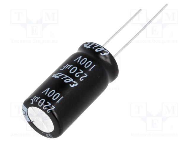 Capacitor: electrolytic; THT; 220uF; 100VDC; Ø12.5x25mm; Pitch: 5mm