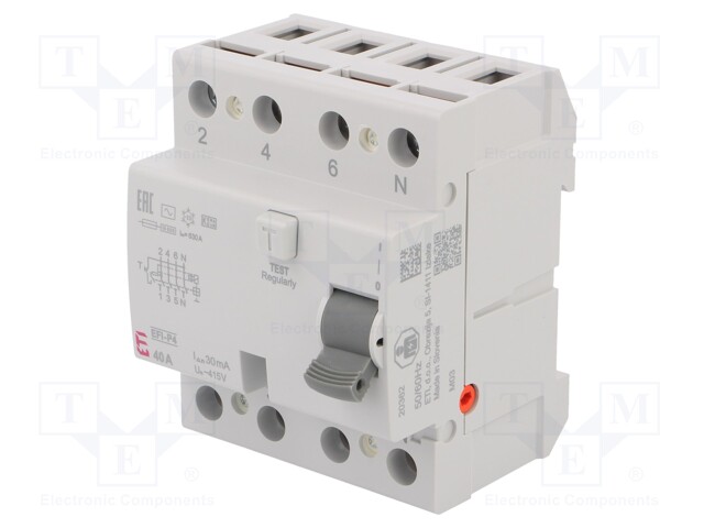 RCD breaker; Inom: 40A; Ires: 30mA; Poles: 4; 230/400V; DIN; IP20