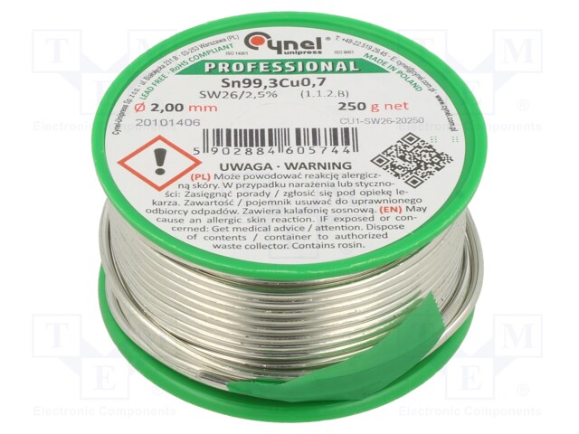 Soldering wire; Sn99,3Cu0,7; 2mm; 250g; lead free; Package: reel