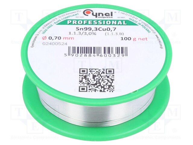 Soldering wire; Sn99,3Cu0,7; 0.7mm; 100g; lead free; Package: reel