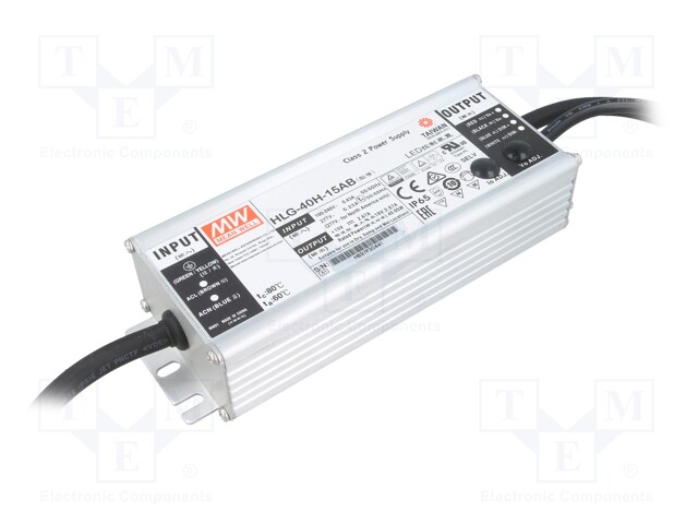 Power supply: switched-mode; LED; 40.05W; 15VDC; 13.5÷17VDC; IP65