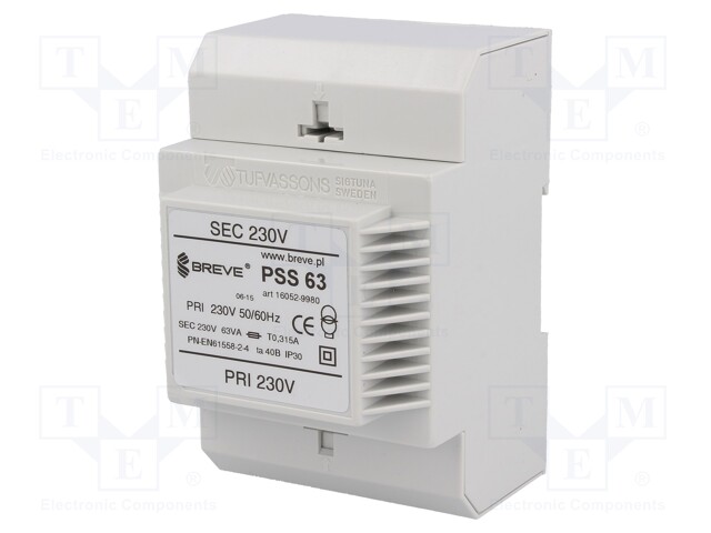 Transformer: safety; 63VA; 230VAC; 230V; IP30; Mounting: DIN; 1.1kg