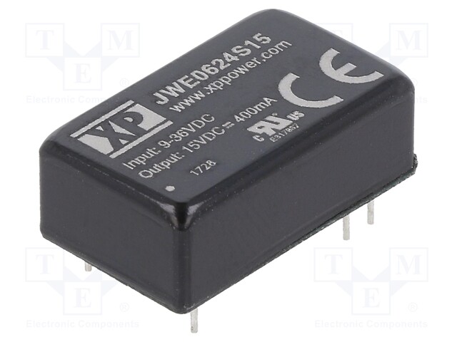 Isolated Board Mount DC/DC Converter, ITE, 1 Output, 6 W, 15 V, 400 mA