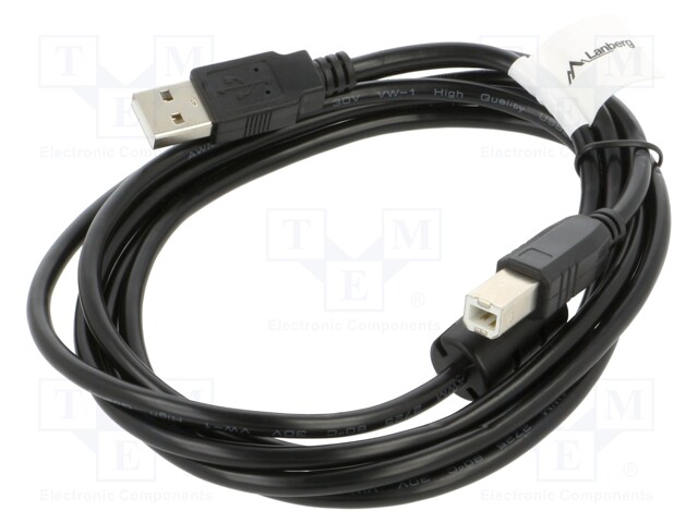 Cable; USB 2.0; USB A plug,USB B plug; gold-plated; 1.8m; black