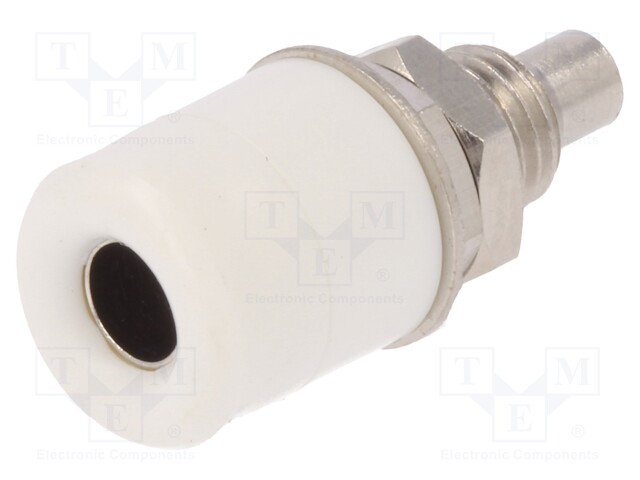 Socket; 4mm banana; 20A; Cutout: Ø7.5mm; white; nickel plated; 5mΩ