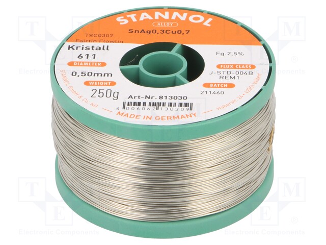 Soldering wire; Sn99Cu0,7Ag0,3; 0.5mm; 250g; lead free; 2.5%