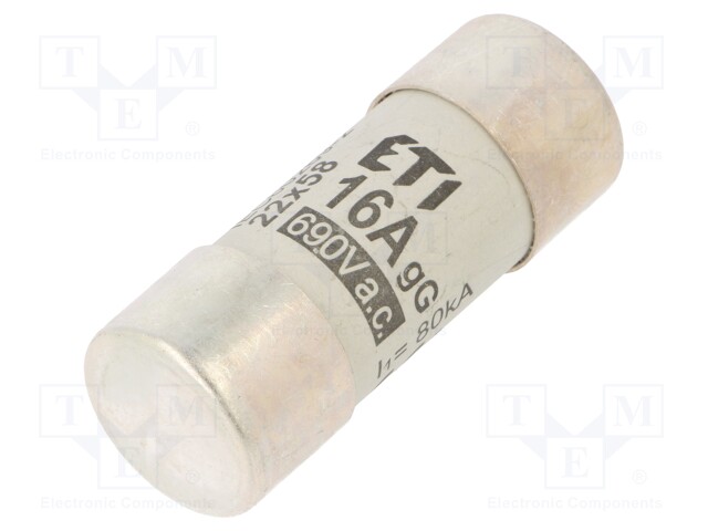 Fuse: fuse; gG; 16A; 690VAC; cylindrical,industrial; 22x58mm