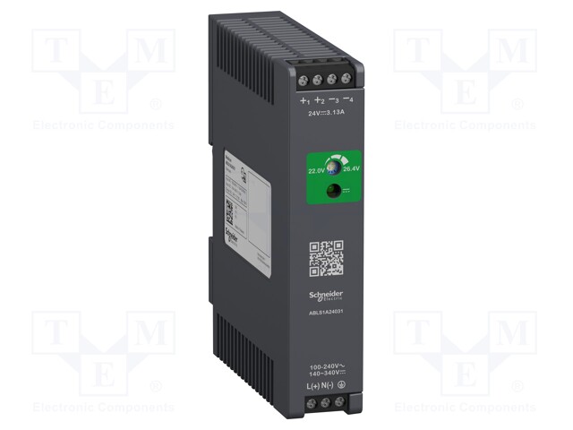 Power supply: switched-mode; 75W; 24VDC; 21.6÷26.4VDC; 3.1A; 88%