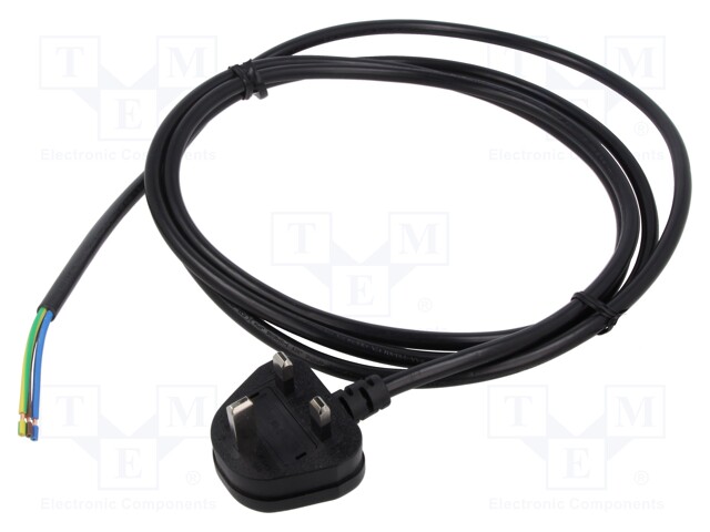 Cable; BS 1363 (G) plug,wires; PVC; 2.5m; black; 3x1mm2; 10A; 250V