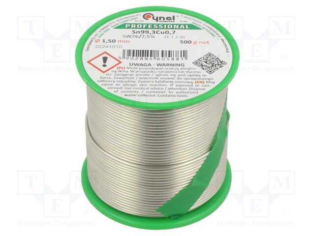 Soldering wire; Sn99,3Cu0,7; 1.5mm; 500g; lead free; Package: reel