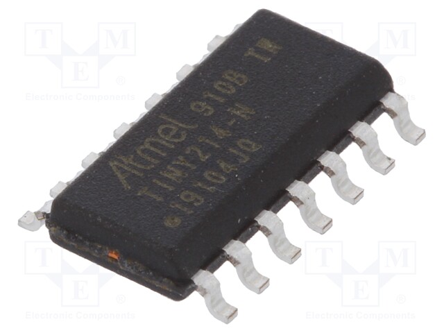 AVR microcontroller; EEPROM: 64B; SRAM: 128B; Flash: 2kB; SO14