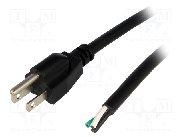 Cable; NEMA 5-15 (B) plug,wires; 3.5m; black; PVC; 3x16AWG; 13A