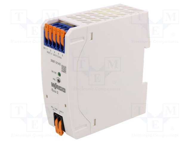 Power supply: switched-mode; for DIN rail; 60W; 24VDC; 2.5A; 90.5%