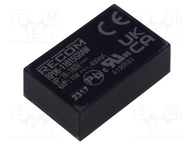 Converter: DC/DC; 6W; Uin: 36÷160V; Uout: 15VDC; Iout: 400mA; DIP24