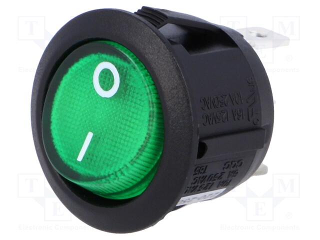 ROCKER; SPST; Pos: 2; OFF-(ON); 10A/250VAC; green; neon lamp 230V