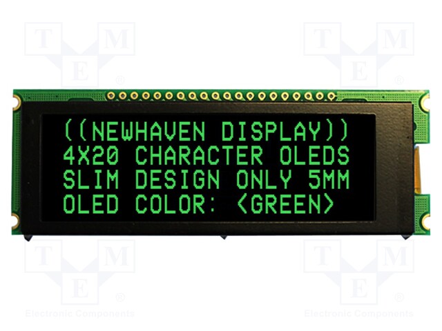 Display: OLED; alphanumeric; 20x4; Dim: 92x31.5x6.5mm; green