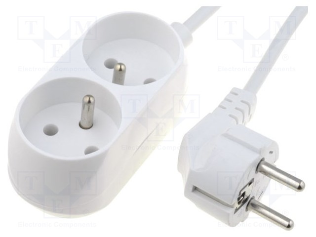 Extension lead; Sockets: 2; PVC; white; 3x1mm2; 3m; 10A