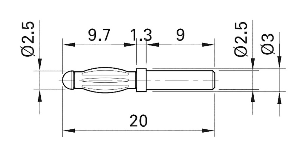 Connector: 2,5mm banana; plug; 25A; max.150°C; L: 20mm; 0.5mΩ