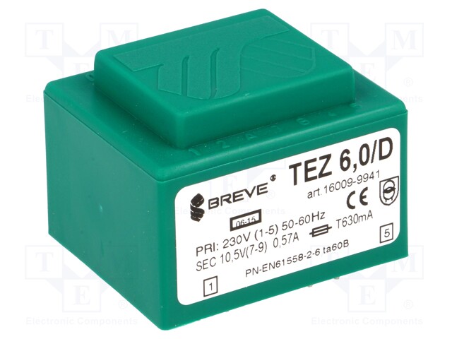 Transformer: encapsulated; 6VA; 230VAC; 10.5V; 571.4mA; IP00; 200g