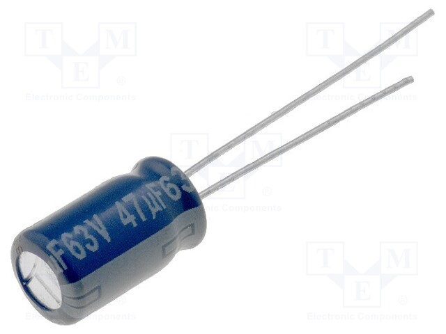 Capacitor: electrolytic; 47uF; 63VDC; Ø6.3x11.2mm