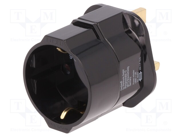 Adapter; Out: EU; Plug: with earthing; Colour: black; Input: UK
