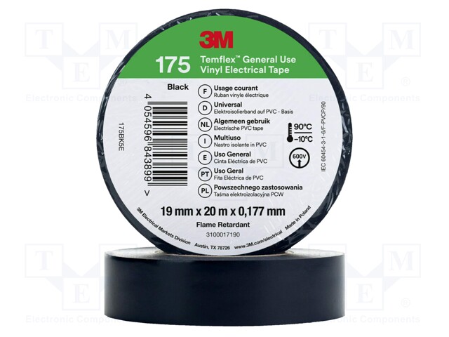 Tape: electrical insulating; W: 19mm; L: 20m; Thk: 0.19mm; black