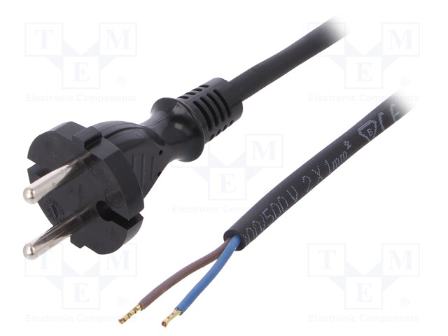 Cable; CEE 7/17 (C) plug,wires; 1.5m; black; rubber; 2x1mm2; 16A